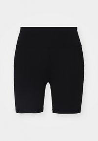 Pantaloni sportivi neri con una texture liscia, lunghezza a metà coscia, vita alta e tasche laterali. Design semplice, senza motivi o decorazioni visibili.