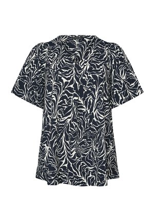 Marineblauwe top met een wit abstract patroon, korte mouwen, ronde hals en een vloeiende snit van lichtgewicht stof.