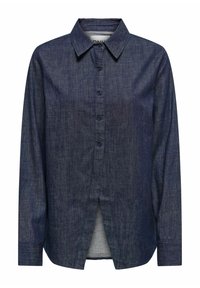 Tumman denim-kankaan napitettava paita, jossa on klassinen kaulus, pitkät hihat ja suora malli. Sisältää hienovaraisen tekstuurin ja yhden takasauman tyylin vuoksi.
