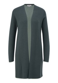 Cardigan vert à manches longues avec un décolleté en V profond, ouverture sur le devant, tissu texturé et bordures en contraste vert clair le long des bords.