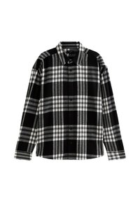 Camicia a quadri in bianco e nero con maniche lunghe, colletto, chiusura frontale con bottoni e una texture di tessuto morbida. Presenta strisce alternate spesse e sottili.