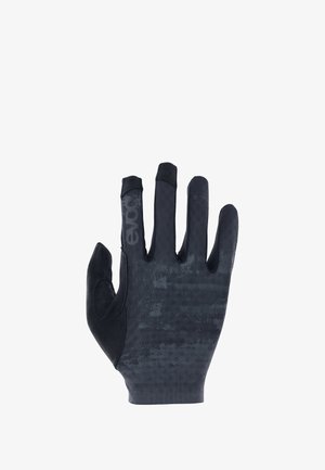 Schwarze Fahrradhandschuhe aus strukturiertem, atmungsaktivem Material, mit vier Fingern und verstärktem Handflächenbereich. Logo auf dem Handgelenkbereich gedruckt.