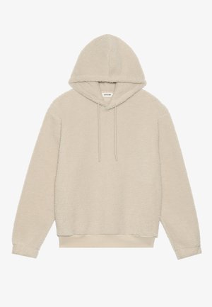 Beige hooded pullover made of soft, textured fabric. Features a drawstring hood, long sleeves, and a ribbed hem. Simple, clean design.