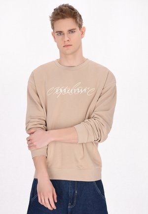 Beige Sweatshirt mit langen Ärmeln, Rundhalsausschnitt und gerippten Bündchen. Auf der Vorderseite mit weißem Text "ENDLESSLY" und "explore".