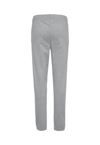 Jasnoszare spodnie dresowe z elastycznym pasem, proste nogawki, pokazane od tyłu na białym tle.