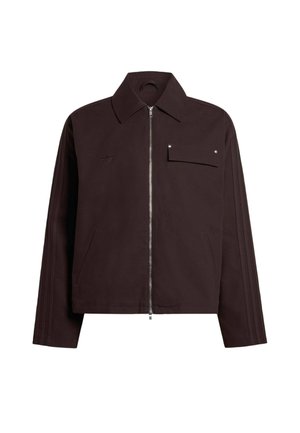 Dark brown jacket with a front zipper, a point collar, side pockets, and a chest pocket; features three stripes on sleeves and silver accents.