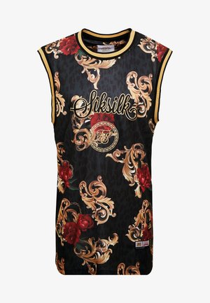 Czarny bezrękawnik z złotymi barokowymi zawijasami, czerwonymi różami, złotymi motywami łańcucha oraz haftowanym złotą czcionką napisem „Siksilk” z przodu.