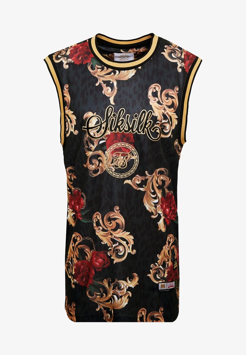 Haut sans manches noir avec des volutes baroques dorées, des roses rouges, des motifs de chaîne dorée et « Siksilk » brodé en lettres dorées sur le devant.