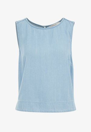 Gaiši zils bez piedurknēm tops, kas izgatavots no mīksta denima, ar apaļu dekoltē un mazu aizmugurējo rāvējslēdzēju, relaksējoša piegriezuma un tīru maliņu.