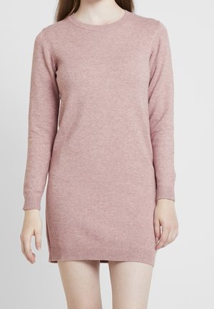 Pink knitted sweater dress with long sleeves, round neckline, ribbed cuffs, and hemline. Soft texture, fitted design, and above knee length.
