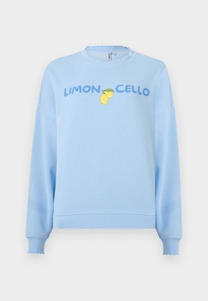 Világoskék pulóver "LIMON CELLO" felirattal és a mellrészen nyomott két sárga citrom zöld levelekkel, bordázott mandzsettákkal és szegéllyel.