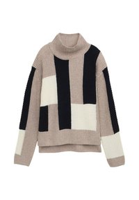 Pull en tricot avec col montant, arborant un design à motifs en beige, noir et crème. Tissu texturé avec des sections de couleur bloc contrastées.