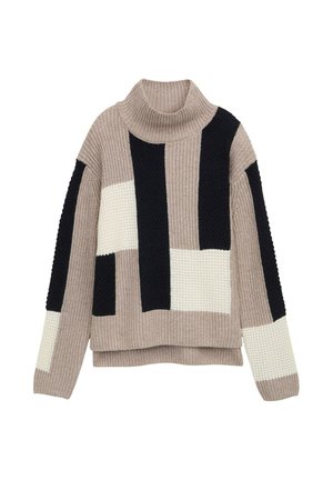 Pull en tricot avec col montant, arborant un design à motifs en beige, noir et crème. Tissu texturé avec des sections de couleur bloc contrastées.