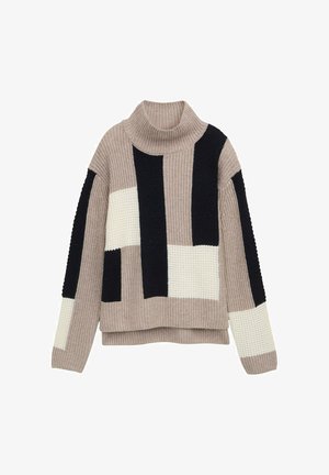 Pulover tricotat cu guler înalt, având un design cu model în bej, negru și crem. Țesătură texturată cu secțiuni de culoare bloc în contrast.