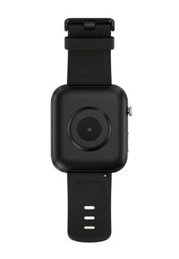 Zwarte smartwatch met een vierkant gezicht, siliconen band, ronde achterkant en zijknop. Gladde oppervlakte met een matte afwerking.