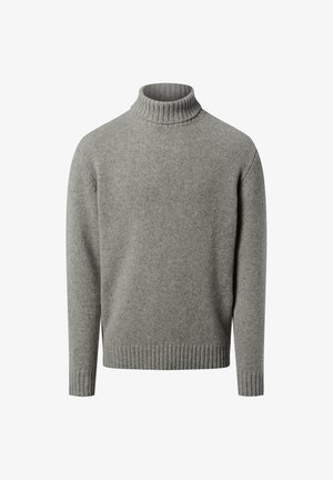 Szary sweter z golfem wykonany z miękkiej, strukturalnej dzianiny. Posiada prążkowane mankiety i dół. Prosty, prosty krój bez wzorów i ozdób.