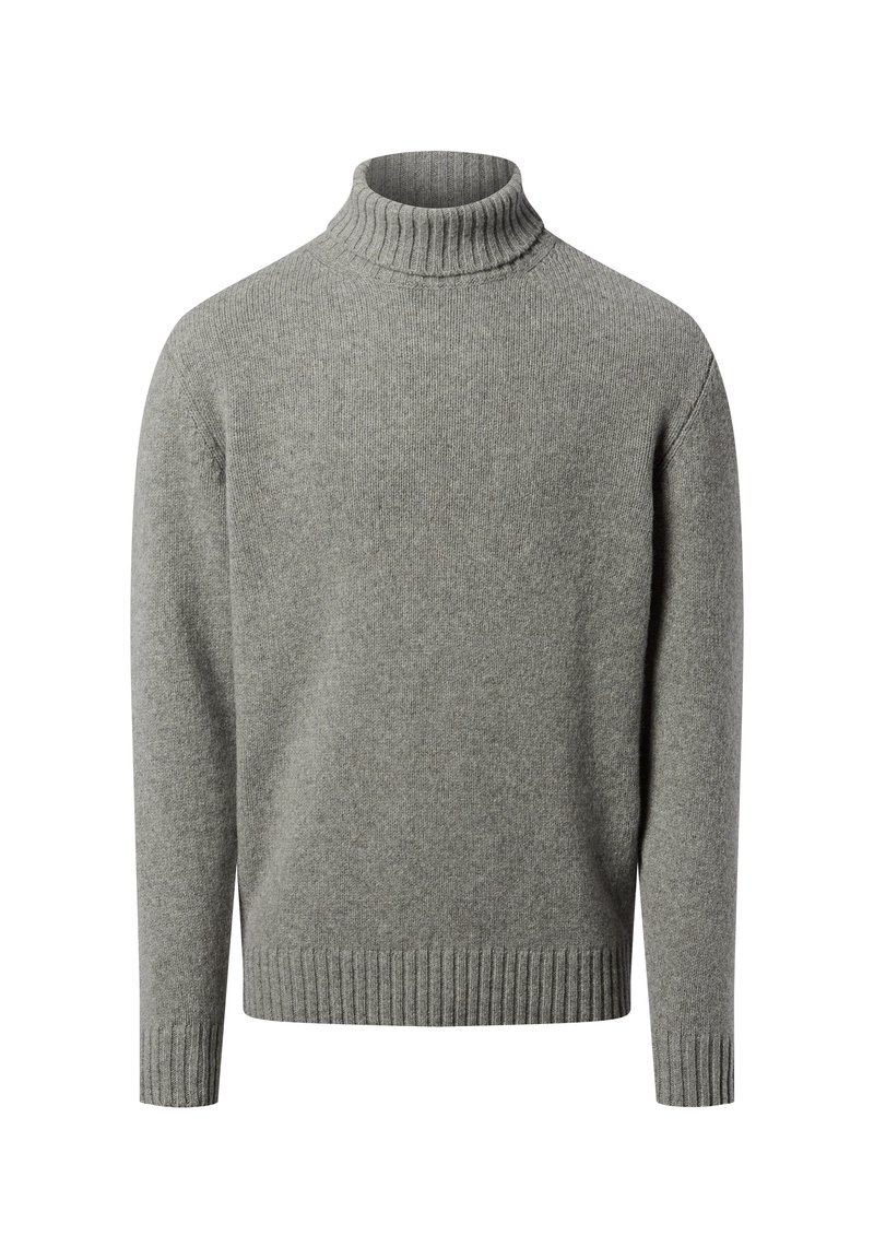 Grijze turtleneck trui gemaakt van zacht, gestructureerd breiwerk. Voorzien van geribbelde manchetten en zoom. Eenvoudige, rechte snit zonder patronen of versieringen.