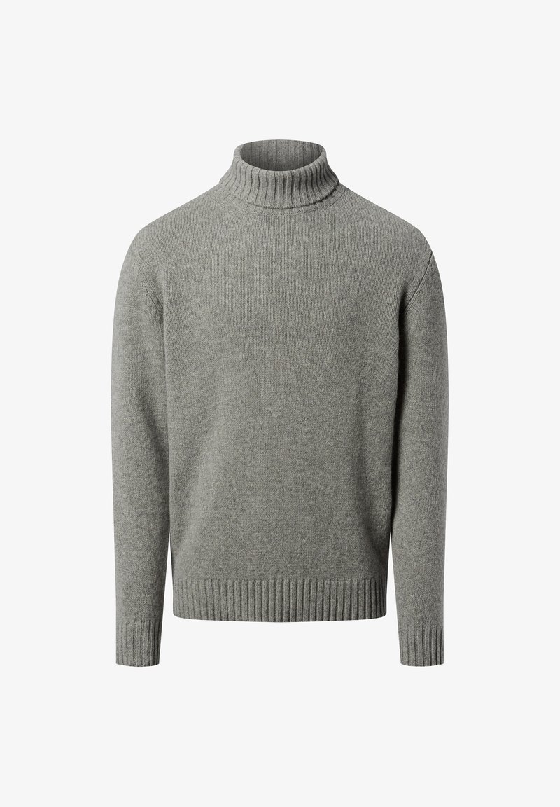 Grijze turtleneck trui gemaakt van zacht, gestructureerd breiwerk. Voorzien van geribbelde manchetten en zoom. Eenvoudige, rechte snit zonder patronen of versieringen.