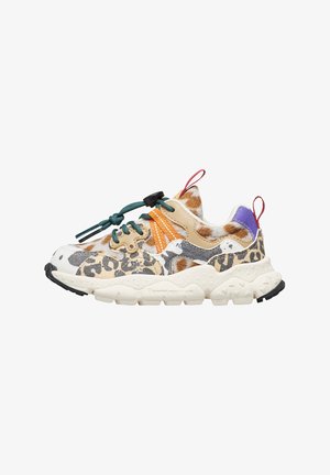 Sneakers with a mixed material upper featuring leopard and animal prints, orange and green laces, and a textured white sole; multi-color accents.