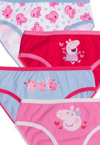 Mutande da bambini assortite con tessuto di cotone colorato, elastici in vita e stampe di personaggi dei cartoni animati in tonalità di rosa, rosso e blu.