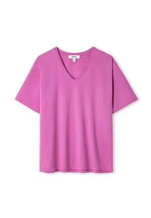 Rosa V-Ausschnitt T-Shirt aus weichem, leichtem Stoff. Kurze Ärmel und eine lässige Passform mit geradem Saum. Keine sichtbaren Muster oder Akzente.