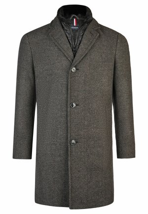 Grijze jas met houndstooth patroon, gestructureerde wolmix, met een notch-kraag, vijf knopen vooraan en een binnenvoering van gewatteerd materiaal met rits.