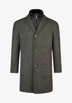 Cappotto grigio con motivo houndstooth, misto lana testurizzato, colletto a falda, frontale con cinque bottoni e fodera interna trapuntata con zip.