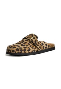 Leopard-print slip-on clogs with a suede finish, featuring a black strap and gold buckle, on a textured black rubber sole.