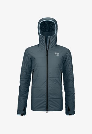 Insulated hooded jacket in dark gray with a geometric quilted pattern, full front zipper, side pockets, and contrasting light blue lining.