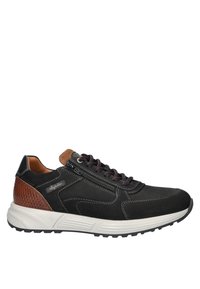Black suede and textile sneaker with brown accents, contrasting stitching, and a side zipper. Features a cushioned white sole and textured heel.
