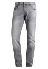 Jeans de denim gris con un diseño de corte ajustado, estilo de cinco bolsillos, costuras en contraste y un acabado desgastado con sutiles variaciones de textura.