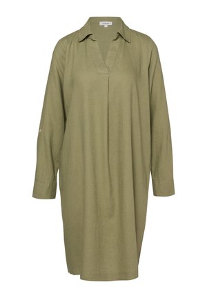 Olivgrünes, langärmliges Hemdkleid mit geteiltem V-Ausschnitt und Knopfverschluss am Ärmel zum Hochkrempeln.