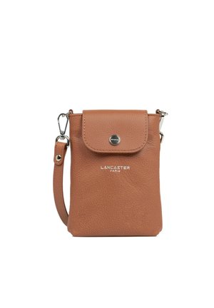 Brown leather crossbody bag with a textured finish, snap button closure, and silver-tone hardware. Brand logo printed on the front.
