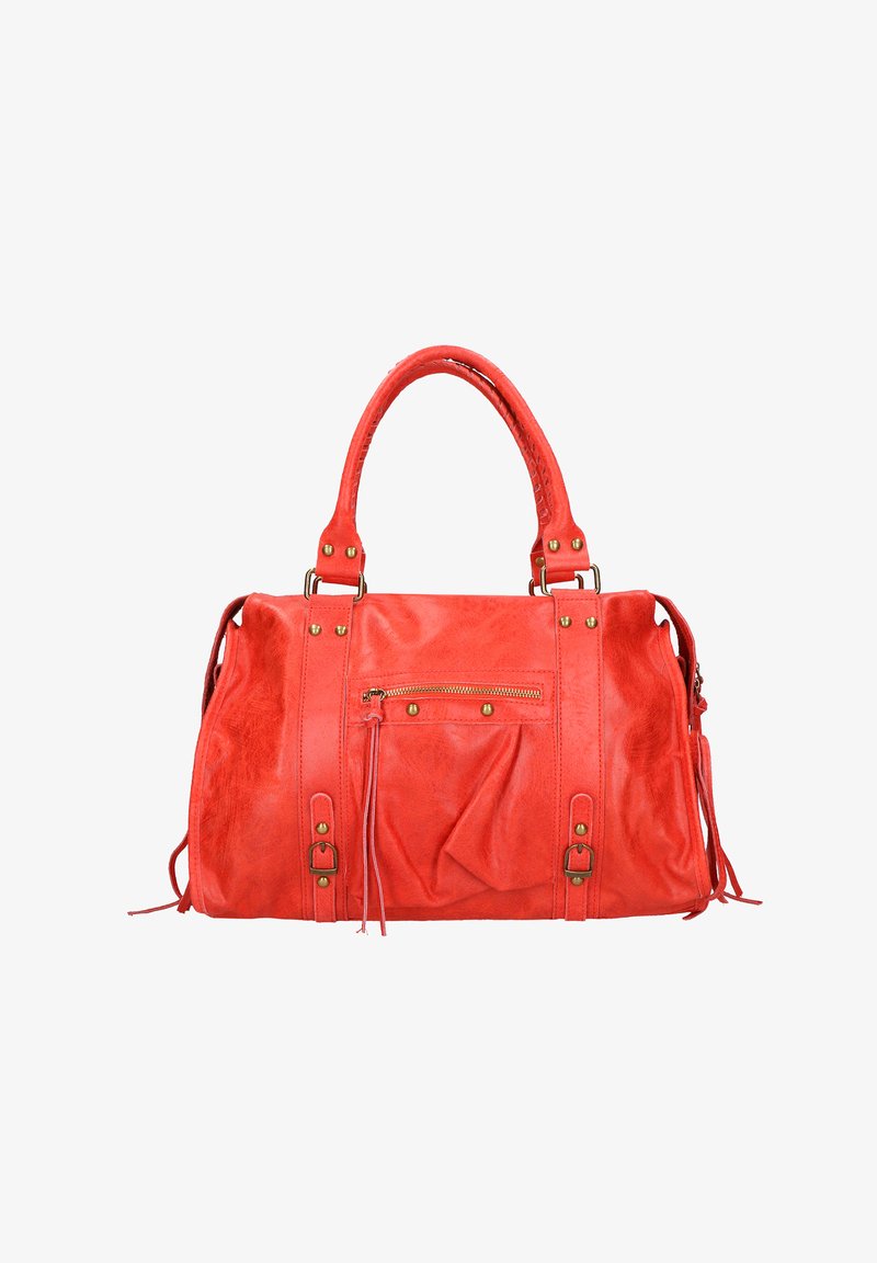 Sac à main en cuir rouge avec deux poignées supérieures, une poche zippée à l'avant et des accents en laiton. Le design comprend des franges sur les côtés.