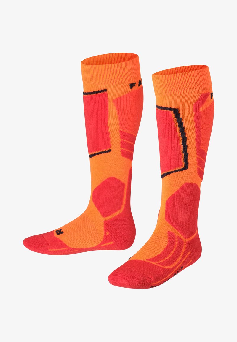 Calze fino al ginocchio con un vivace design arancione e rosso, caratterizzate da motivi geometrici e accenti neri per un tocco di dettaglio. Realizzate in un materiale morbido.