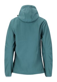 Teal-väri veitsi-kestävä takki, jossa on huppu, saumattomat olkapäät ja elastiset hihansuut. Sileä rakenne, jossa on minimaalista näkyvää ommelta eikä taskuja.