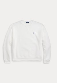 Hvid langærmet crewneck-sweatshirt med ribstrikkede manchetter og kant, med en lille mørkeblå broderet logo på venstre bryst.