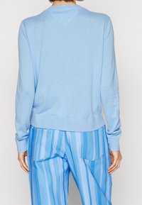 Maglione a maglia azzurro chiaro con polsini e orlo a coste. Presenta un classico collo rotondo e linee pulite. Abbinato a pantaloni a righe azzurro chiaro.