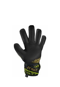 Guanto da portiere nero con dettagli gialli e dorati, con cinturino da polso etichettato "ATRAKT" e "BE THE ONE".