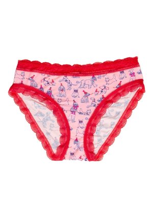 Ružové dámske spodné prádlo s červenou čipkovou výšivkou a vzorom psov rôznych plemien, ktoré nosia párty klobúky a mašle.