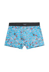 Boxers azul con cinturilla negra, cubiertos de coloridas señales temáticas de viajes por carretera con palabras como "café", "motel", "ruta 66" y "pastelitos".