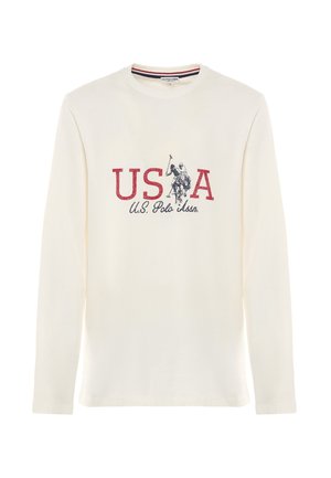 T-shirt a maniche lunghe in cotone crema con grafica rossa e blu navy "USA" con design di un giocatore di polo e testo "U.S. Polo Assn." sottostante.