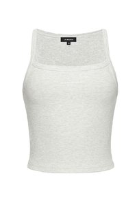 Szary prążkowany top na ramiączkach wykonany z bawełny, z kwadratowym dekoltem i nadrukiem z logo z przodu. Dopasowany krój z szerokimi ramiączkami.