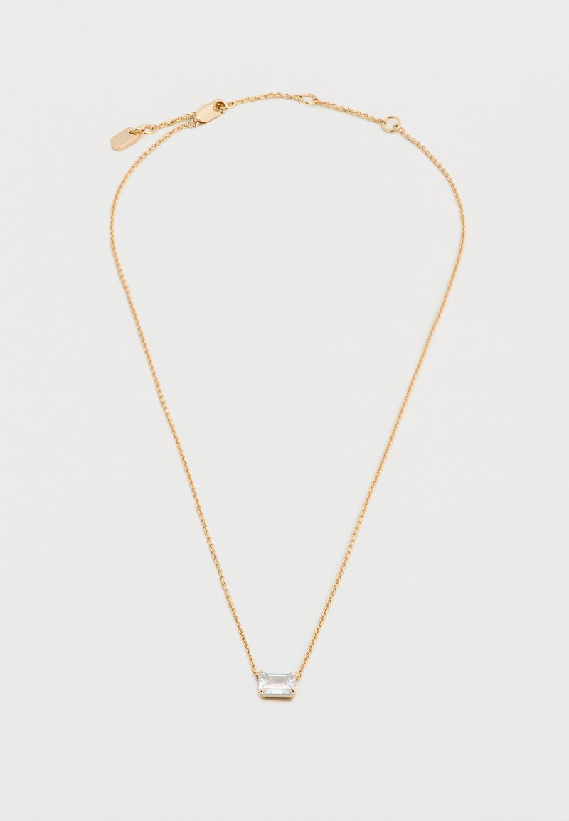 Λεπτό χρυσό κολιέ με μία ορθογώνια διάφανη πέτρα σε μενταγιόν και κλείσιμο με κούμπωμα αστακού.