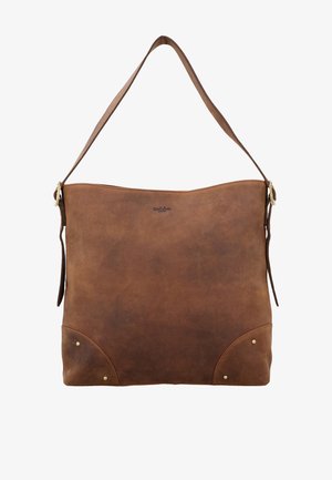 Pruun nahast õlakott reguleeritava rihmaga ja minimaalsete dekoratiivsete metallkinnitustega alumistes nurkades.