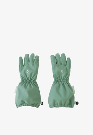 Para zielonych ocieplanych rękawic zimowych z elastycznymi mankietami i odblaskowymi logo, przeznaczonych do ochrony przed zimnem.