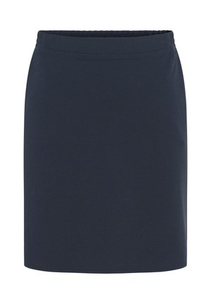 Gonna semplice blu navy scuro al ginocchio con vita elasticizzata, tessuto liscio e senza motivi o decorazioni visibili.