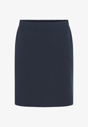 Falda lisa azul marino oscuro hasta la rodilla con cintura elástica, tela suave y sin patrones ni adornos visibles.