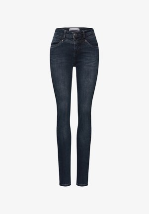 Jeans skinny blu scuri con vita alta, due tasche anteriori, chiusura con bottone e dettagli di cucitura sottili. Realizzati in tessuto denim.