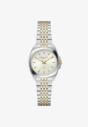 Zilveren en goudkleurige metalen horloge met een ronde wijzerplaat, witte wijzerplaat, gouden uurmarkeringen en een geassorteerd armbandpatroon. Logo weergegeven.